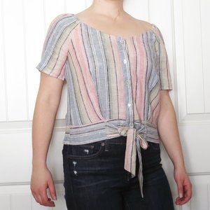 Drew Button Stripe Linen Top Size Small Blue Pink